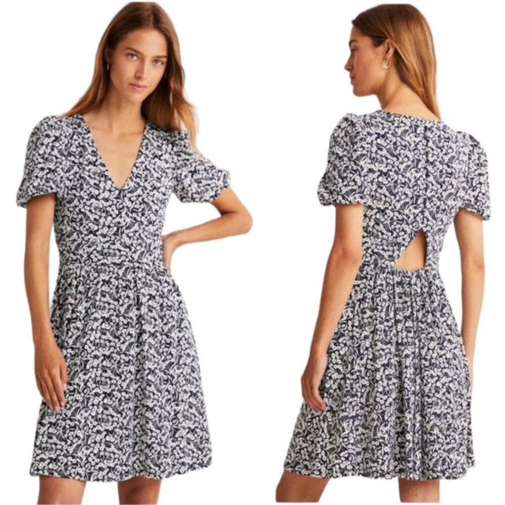 BODEN Back Detail Jersey Puff Sleeve Mini Dress Navy White Floral V-Neck NWT Med
